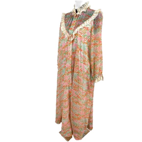 Vintage Saks Fifth Avenue 70's Tulip Print‎ Chiffon Lace Robe - Picture 4 of 11